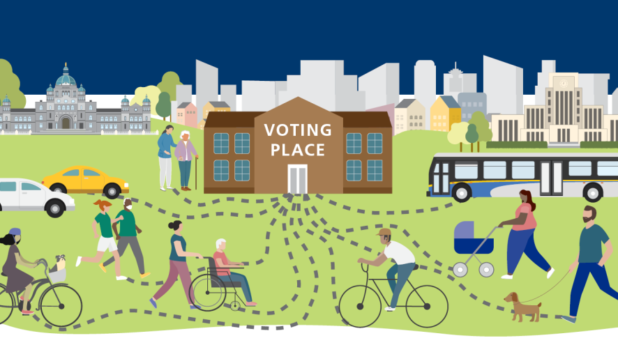 Photo caption of voting place, city hall and legislature building with pedestrians 