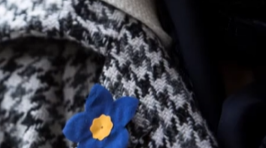 A person in a jacket wearing a blue forget me not pin
