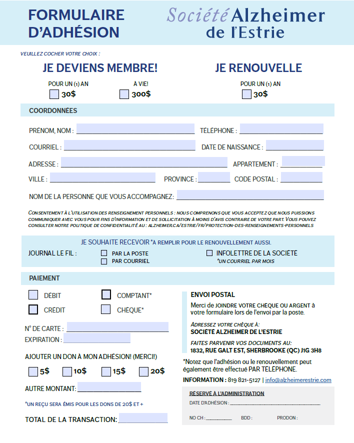 Formulaire de renouvellement et d'adhésion