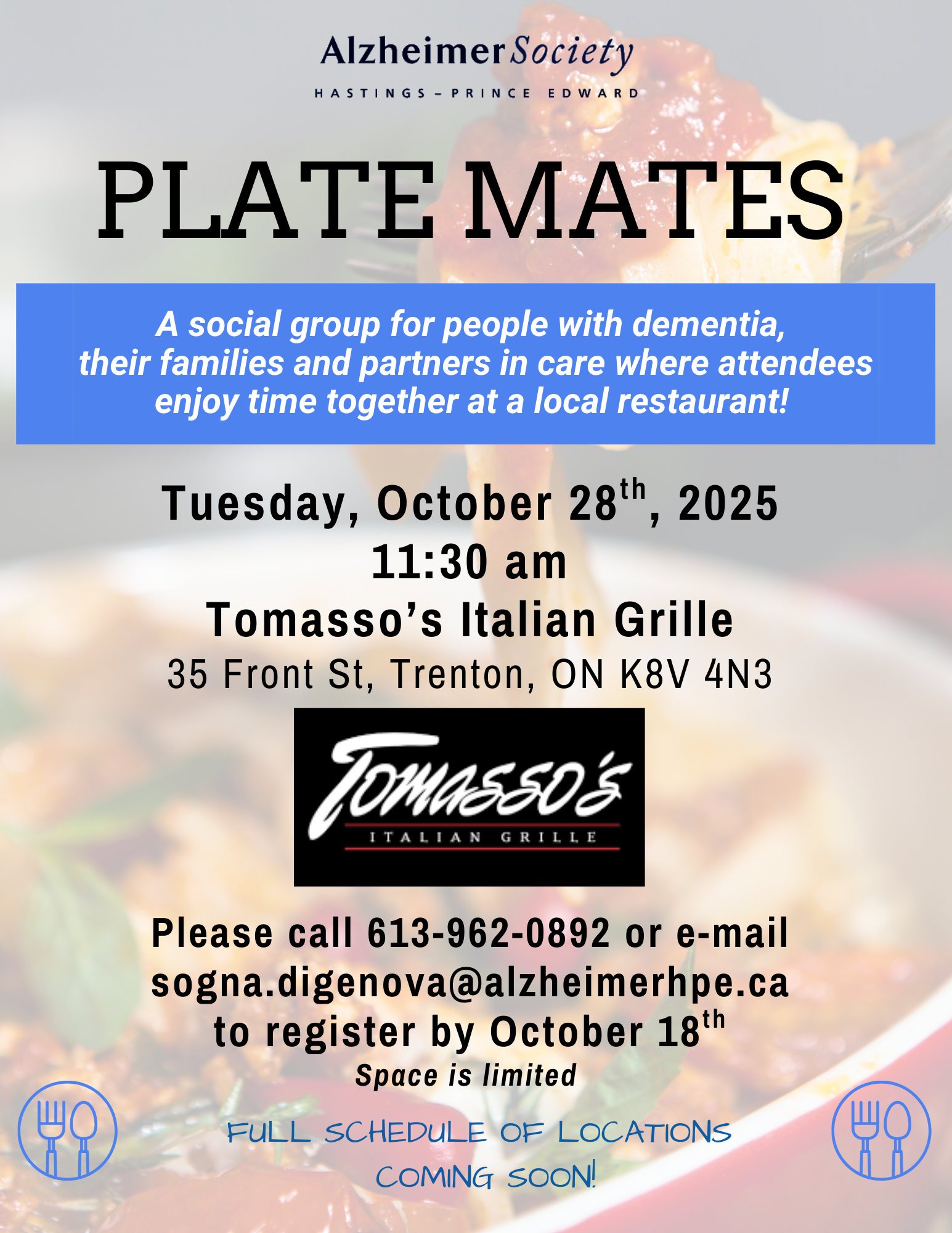 Plate Mates October 28th, 11:30 am in Trenton (call us at 6139620892 to register)