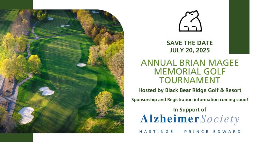 Annual Brian Magee Memorial Golf Tournament wording, with Alzheimer logo and picture of golf green
