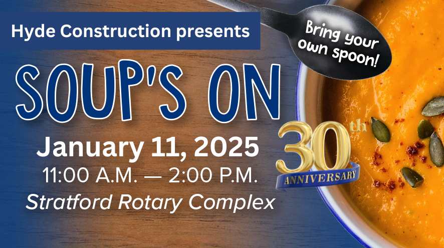 Hyde Construction presents Soup's On. Image of bowl of soup and spoon.