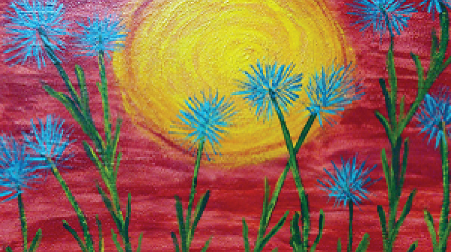 Painting of flowers in front of the sun.