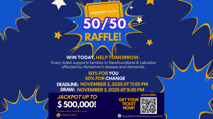 Alzheimer Society of Newfoundland & Labrador's 50/50 raffle poster with bright colors and event details