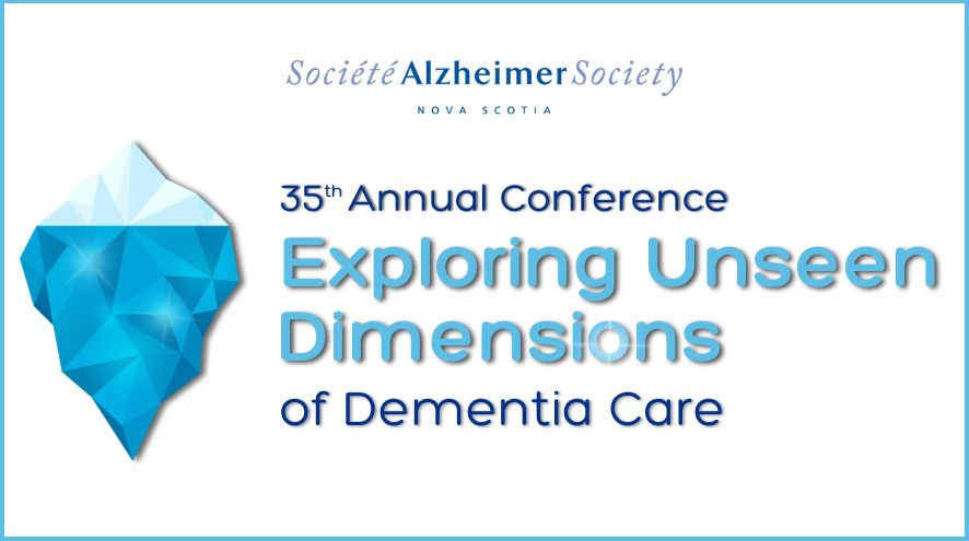 Blue text reads, "35th Annual Conference Exploring Unseen Dimensions of Dementia Care" beside a prism blue iceberg graphic.