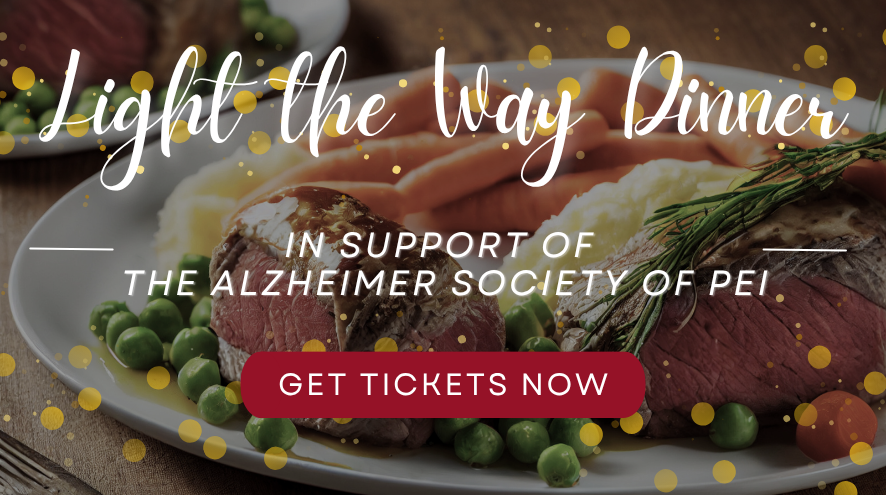 Dinner with beef, carrots, potatos, and peas. Graphic text: Light the Way Dinner in support of the Alzheimer Society of PEI. Get tickets now