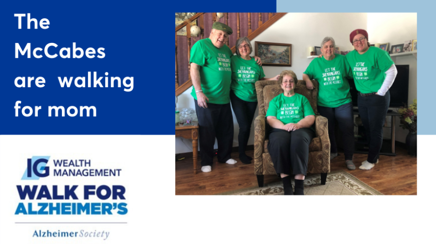 The McCabes are walking for mom. Family photo with everyone wearing green t-shirts