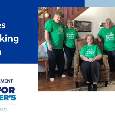 The McCabes are walking for mom. Family photo with everyone wearing green t-shirts