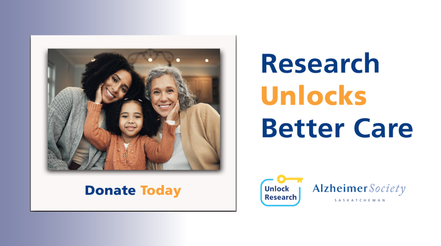 Three generations of women in a polaroid photo next to the text, "Research Unlocks Better Care."