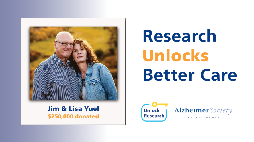 Two people in a polaroid frame next to the text, "Research Unlocks Better Care."