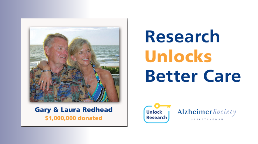 A photo of Gary and Laura Redhead inside a polaroid frame. Blue and orange text says, "Research Unlocks Better Care."