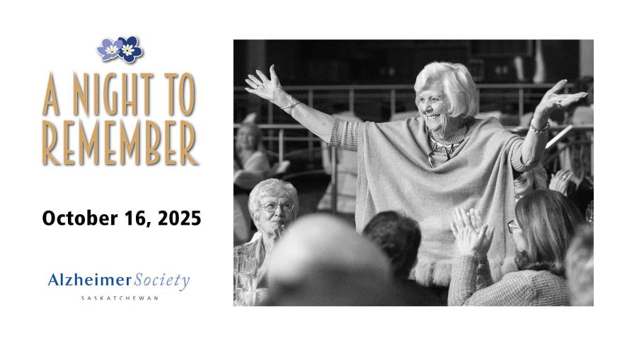 A Night to Remember in gold text with the date October 12, 2025. A black and white photo of a woman being embraced and applauded by a crowd around her.