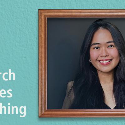 The text, "Research Changes Everything" with a framed photo of Louise Castillo over a teal background.
