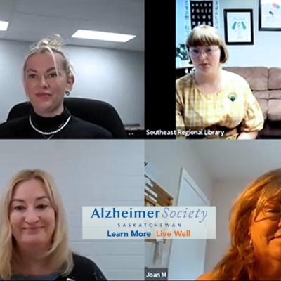A screenshot of our Public Awareness Coordinator with three library panelists on a Zoom webinar
