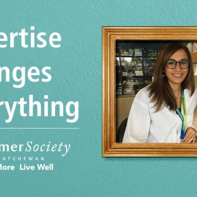 The text, "Expertise Changes Everything" on a teal background with a photo of Dr. Cindy Barha, who is wearing glasses and a white lab coat.