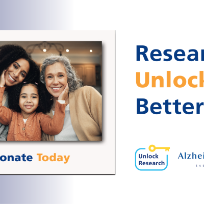 Three generations of women in a polaroid photo next to the text, "Research Unlocks Better Care."
