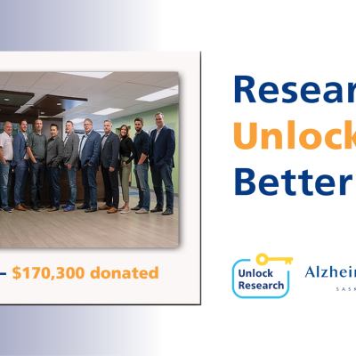 A polaroid photo of a group of colleagues next to the text, "Research Unlocks Better Care."