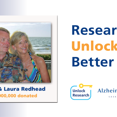 A photo of Gary and Laura Redhead inside a polaroid frame. Blue and orange text says, "Research Unlocks Better Care."