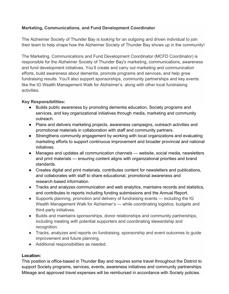 Marketing, Communications and Fund Development Coordinator