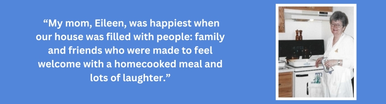 Eileen smiling while cooking with quoted words from Jane. 