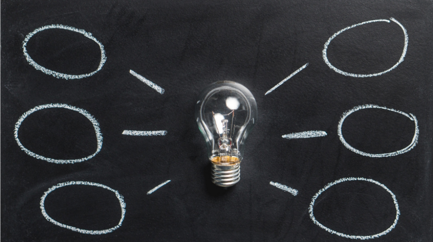 Graphic of a clear lightbulb surrounded by thought bubbles