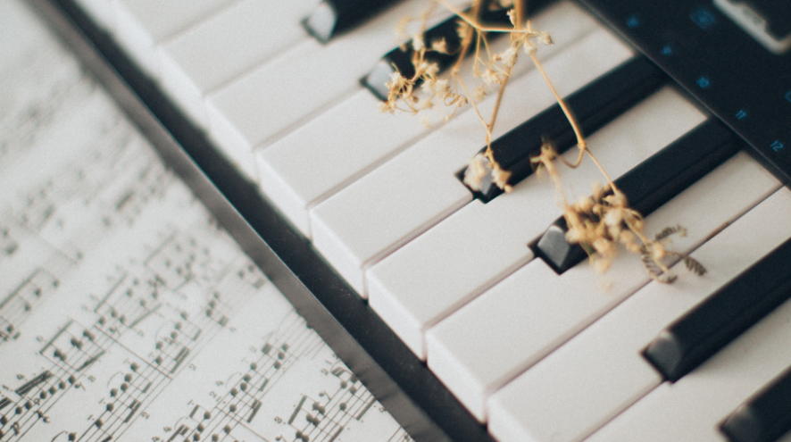 Image of a keyboard with dried grass on the keys and music composition beside it.