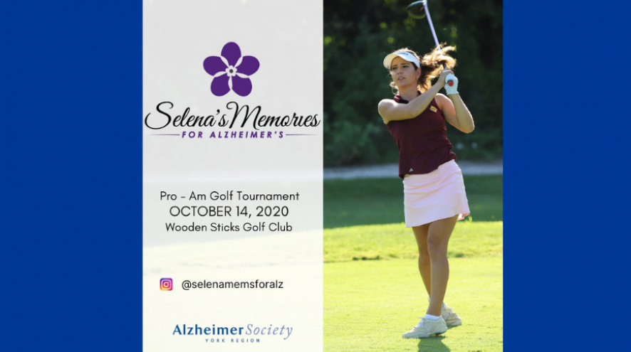  Selena Costabile playing golf with the name of her tournament - Selena's Memories for Alzheimer's and contact information beside her picture on a blue background