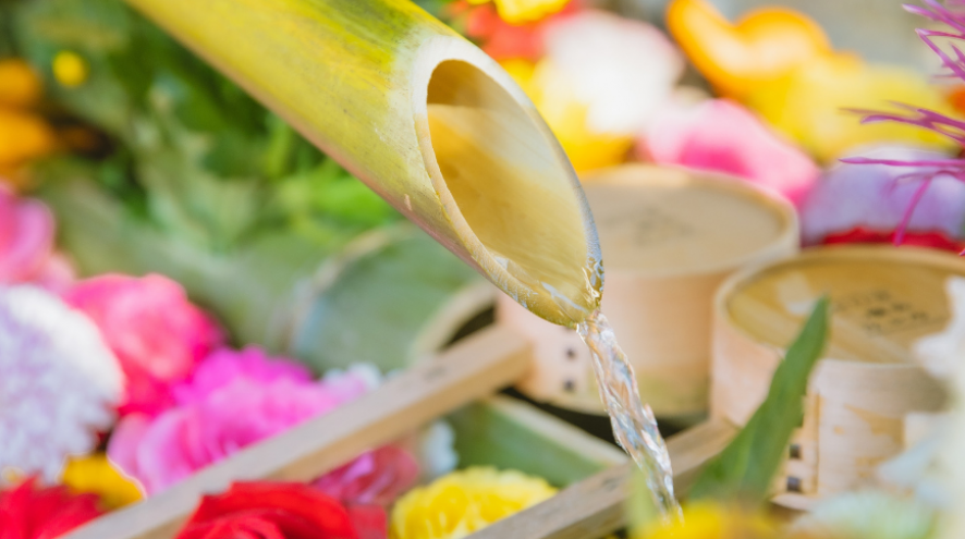 Water being pored over brightly coloured flowers.