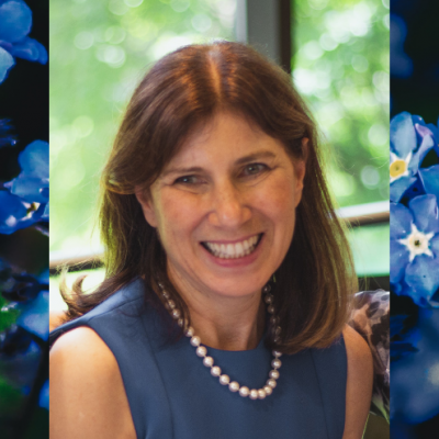 Head and shoulder shot of Dr. Sharon Cohen from the Toronto Memory Program on top of a forget-me-not flower background.