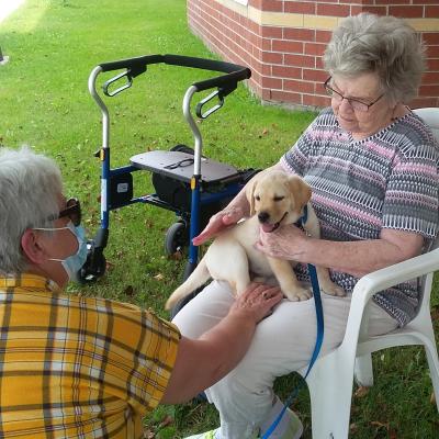 Woman wearing mask sitting in front of a woman holding a yellow lab puppy